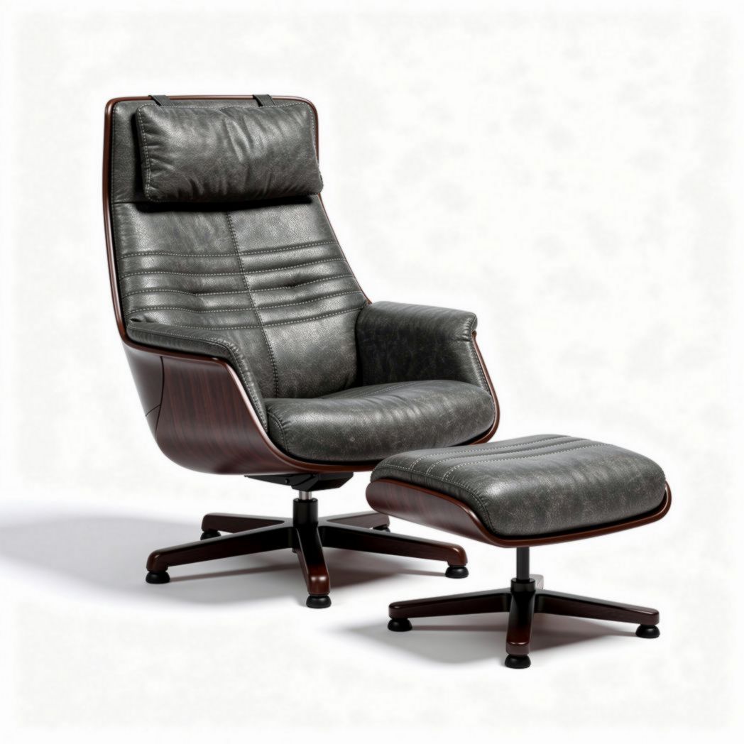 Relaxfauteuil met hocker voor woonkamer - leder en hout - 80 x 75 x 100cm
